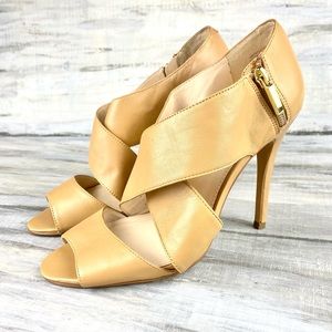 Nine West Leather Cross Strap Open Toe Sandal Caged Side Zip Stiletto Heel Tan 7